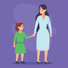 Mother and daughter standing side by side, smiling and holding hands. Daughter wearing green dress, while mother dressed in blue outfit