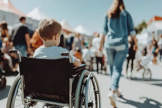 Child in a wheelchair during an event, the concept of a person with disabilities feeling isolated and different