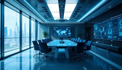 Modern Conference Room with Large Windows and City View Featuring High-Tech Digital Displays