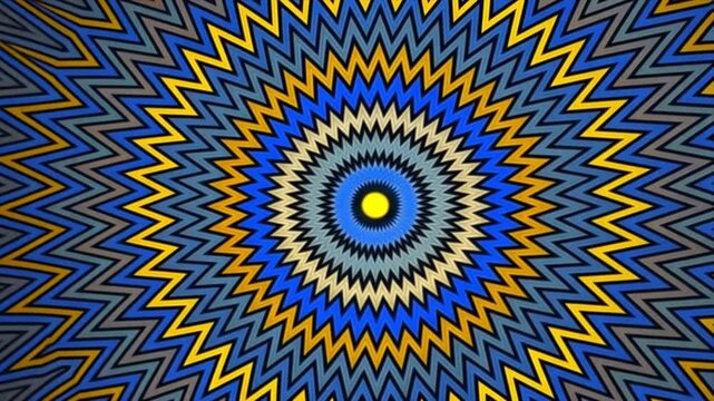 Abstract Blue and Gold Kaleidoscope Pattern: A mesmerizing digital artwork featuring concentric zig-zag patterns radiating from a central yellow circle.