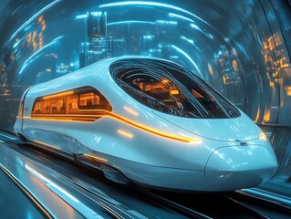 Fototapeta premium Future Train Speeding Through City Tunnel