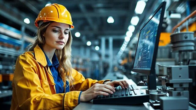 Engineer at Workstation: A skilled female engineer, dressed in a high-visibility jacket and protective helmet, diligently works at a workstation, the screen displaying intricate technical designs.