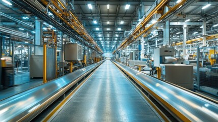 Fototapeta premium Industrial manufacturing facility with modern machinery and automated assembly line. Conveyor Belt on a Modern Factory
