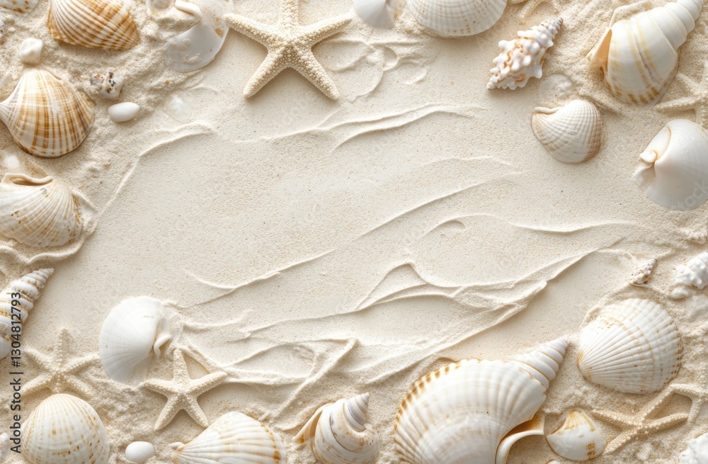 Poster a frame of white sand with seashells and starfish, top view. the background is made up of natural se
