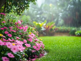 Lush garden blooms under refreshing rain shower creating a serene and vibrant scene with green lawn and tropical plants