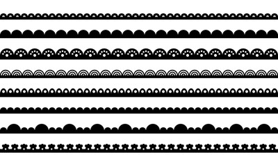 Lace border edge. Scallop pattern on fabric ribbon. Vector set of lines with ornament isolated illustration on white background.