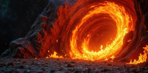 Swirling vortex of orange flames engulfing a darkened wall, colors, abstract, flames