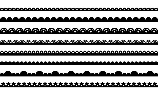 Lace border edge. Scallop pattern on fabric ribbon. Vector set of lines with ornament isolated illustration on white background.