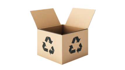 open cardboard box with recycle icon isolated on white background