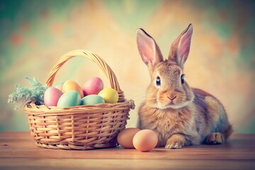 Vintage Easter Bunny with Colorful Eggs and Basket - Pastel Whimsical Photo