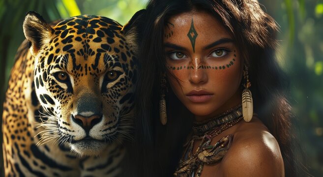 beautiful woman with tribal face paint and black hair, hazel eyes wearing Indian jewelry, stands next to her pet jaguar in the jungle