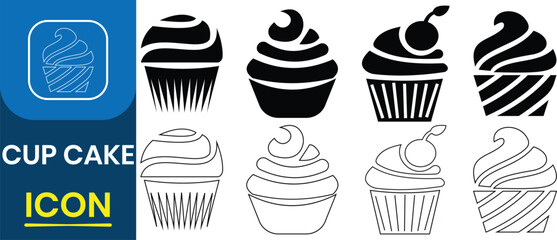 Cupcake with cherry icon silhouette vector. Cake icon collection. Cupcake, sweet, food, frosting, cake, frosting, sweet pastries, muffin. Vector Illustration.