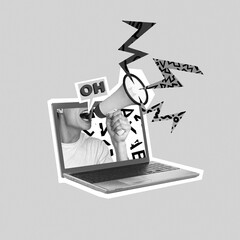 Digital collage of laptop with mouth shouting through megaphone, symbolizing online speech, social media influence, digital activism. Concept of communication, technology, networking. Monochrome art
