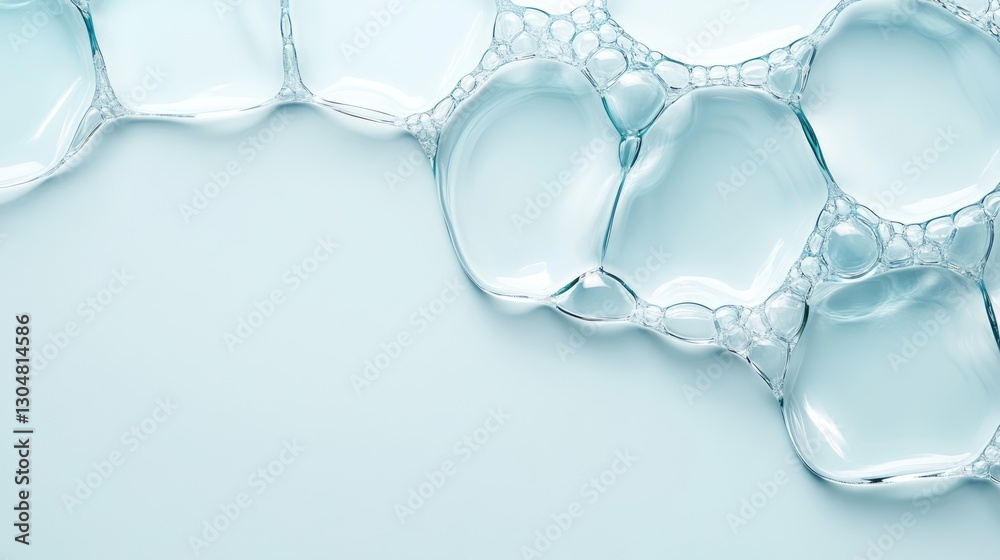 Poster clear soap bubbles form intricate patterns and reflections on a smooth, light surface, creating a tr