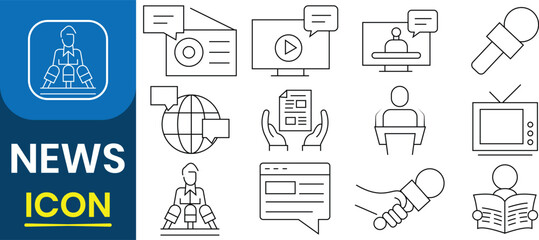 News icon vector sign and symbol. News publish media icons. Newspaper, journalist, live broadcast, camera,  microphone, breaking news, live streaming, propaganda and more. Vector illustration.