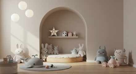 A warm and inviting children play area featuring a soft pastel arched alcove