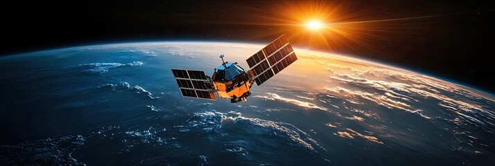 A space satellite orbits Earth, capturing the planet’s beauty under the golden rays of the sun. The advanced technology symbolizes communication and exploration. Generative AI.