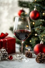 glass of red wine on the table, with Christmas decorations in front and behind it, such as gift boxes