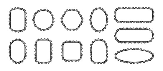 Frame with scallop pattern on edge. Lace borders of geometric shapes ellipse, circle and square. Set of black vector blank templates for design isolated on white background.