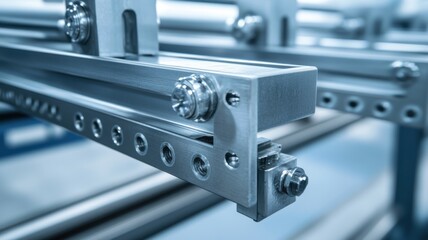 Close-up of industrial machine components with precision metalwork design for manufacturing. Conveyor Belt on a Modern Factory