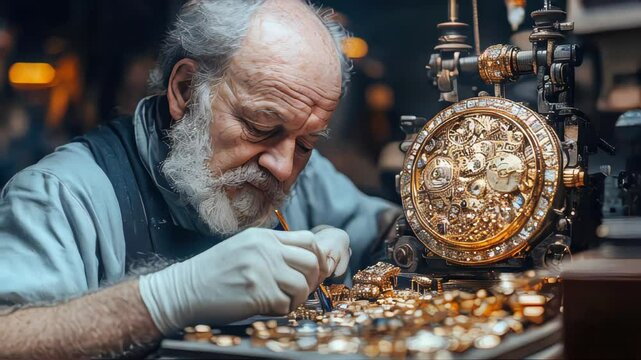 Elderly watchmaker working on a luxury mechanical watch