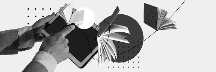 Hands touching digital tablet with books flying out, representing digital education. Concept of...