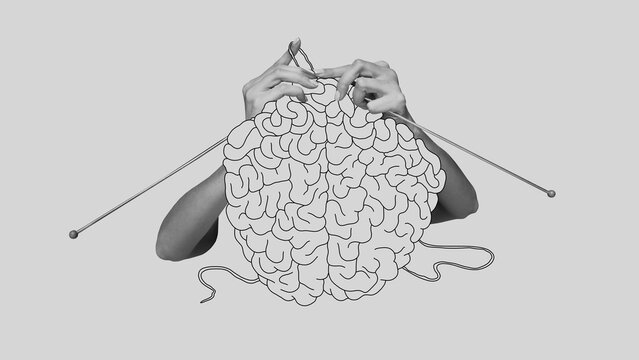 Hands knitting human brain, symbolizing cognitive development. Concept of psychology, mental growth, intelligence, learning, neuroplasticity. Conceptual art. Monochrome design