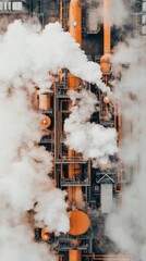 Aerial view of an industrial facility, showcasing orange pipes and equipment surrounded by thick white steam, highlighting manufacturing activities in progress