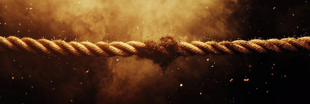 A thick rope fraying and breaking in the center, surrounded by burning embers. A visual representation of tension, fragility, and breaking points. Generative AI. - Powered by Adobe
