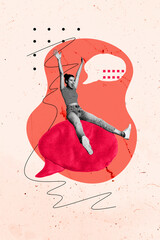 Exclusive image vertical photo collage of happy girl sit bubble chat notification icon...