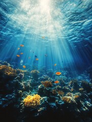 Obraz premium Underwater paradise scene with coral reef and tropical fish bathed in sunlight creating a serene ocean mood