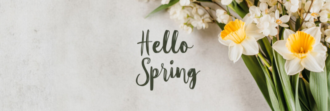 White daffodils with Hello Spring text on light background, seasonal spring postcard