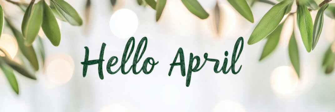 Hello april greeting with green leaves highlighting spring theme postcard background