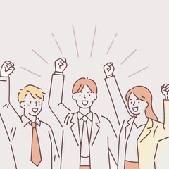 Looks like win. Team workers smiling and raising hands up. Hand drawn style vector design illustrations.
