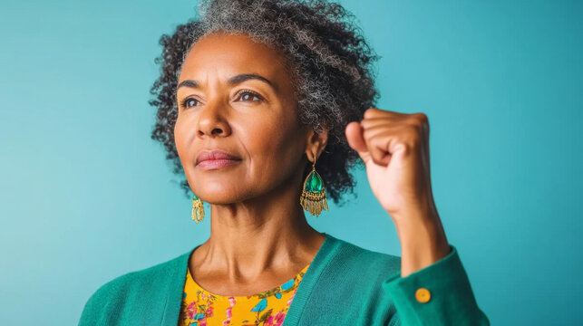 Black mature woman with raised fist of empowerment, strength and women solidarity, International Womens Day, Black History Month concept