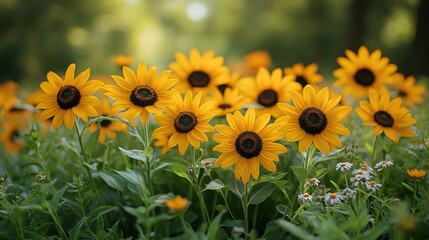 Obraz premium Sunlit Meadow: A field of vibrant yellow sunflowers blooms in a sun-drenched meadow, their petals catching the warm light and creating a captivating scene of natural beauty. 