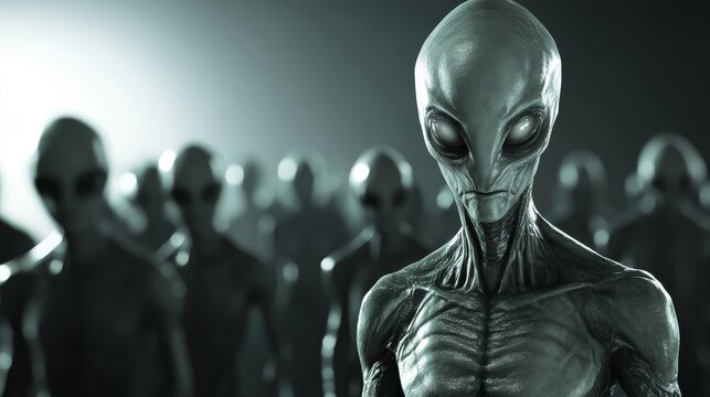 alien gray figure in front of a group of aliens