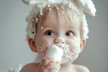 toddler eating a marshmallow bunny,  their face smeared with a little frosting 