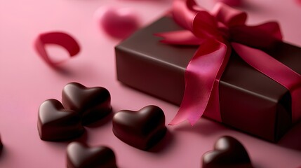 Valentine's Day background  with red ribbon, gift box, and heart-shaped chocolates on a pink tabletop