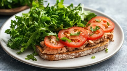 Tuna salad open sandwich with sliced tomato and fresh arugula on a plate against a textured background offering a healthy and tasty culinary option