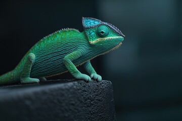 Fototapeta premium Colorful chameleon perched on dark surface, showcasing vibrant s
