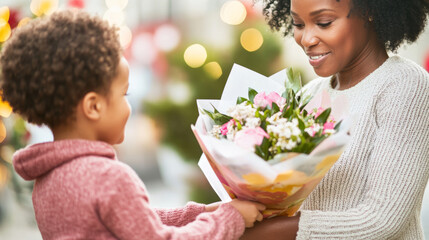 Mothers Day celebration with child giving flowers to smiling mother