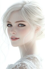Fototapeta premium Beautiful woman with blonde hair and light skin, wearing a soft smile, against a white background