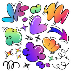 Abstract colorful doodles set with hearts, arrows, clouds, and abstract shapes with bold outlines and gradient. Playful cartoon style elements perfect for stickers, comic, digital designs.Vector