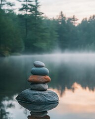 Serene stone cairn on misty lake at dawn evoking tranquility and balance with forest backdrop and soft light creating a calming zen atmosphere
