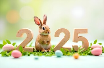 Adorable easter bunny with 2025 numbers and pastel eggs