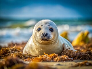 Naklejka premium Vintage Photo: Harbor Seal Resting on Sandy Beach with Seaweed