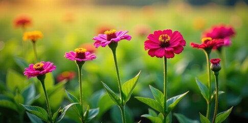 Fototapeta premium Zinnia flowers in different stages of growth on a farm, developmental stages, flower growth, growth
