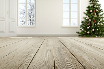 Bright Room with Decorated Christmas Tree and Light Wooden Floor