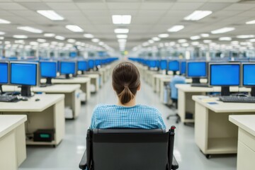 Accessibility and work in a corporation for people with disabilities, a person in a wheelchair in the office among colleagues